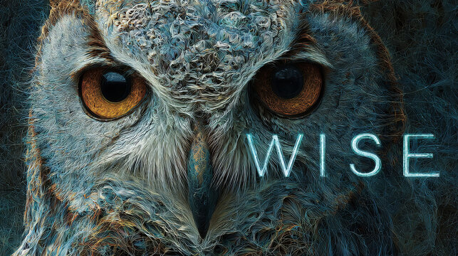 Majestic owl face featuring intense golden eyes with stylized painterly textures and vibrant blue artistic details