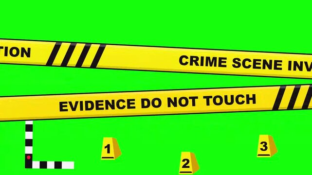 Digital Animation Featuring Crime Scene Investigation Barrier Tape and Numbered Evidence Markers for Forensic Analysis and Criminal Legal Reporting