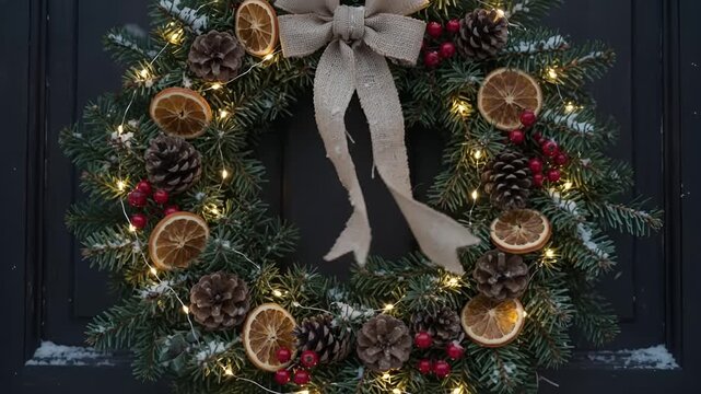 Festive Christmas wreath adorned with dried orange slices, pinecones, berries, and warm fairy lights, perfect for holiday door decor