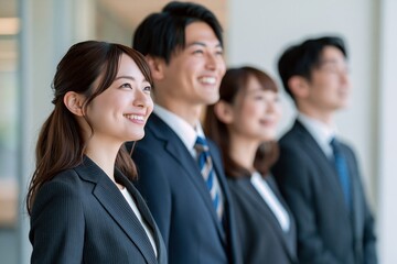 Fototapeta premium 夢と目標を胸に明るい未来を見つめ笑顔で並ぶ日本のビジネスチーム