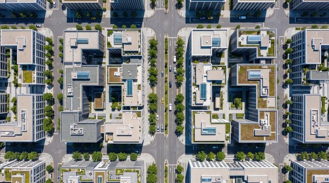 Aerial top down view of modern city district with geometric skyscrapers, green roof gardens and solar panels, organized urban architecture layout with streets and trees
