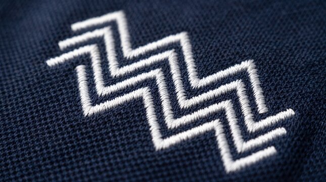 Macro shot of white embroidered geometric zigzag pattern stitched on dark navy blue fabric texture