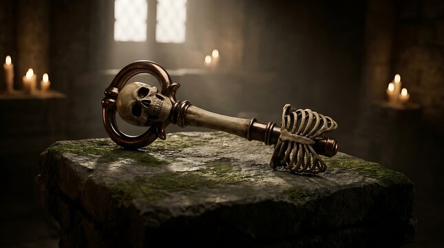 Gothic skeleton key with skull and ribcage details. Macabre antique bone key on mossy stone altar. Dark fantasy dungeon artifact.