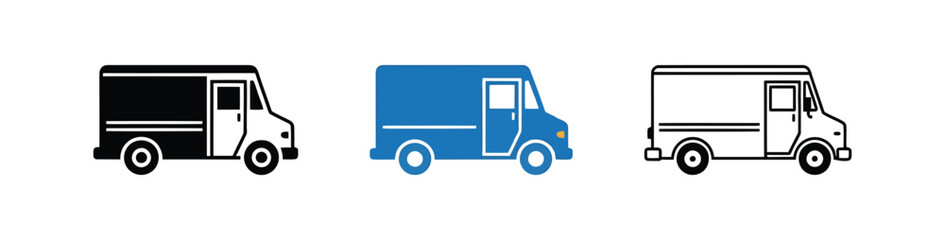 Fototapeta premium Set of delivery truck icons in black blue and line art style for logistics and transport design