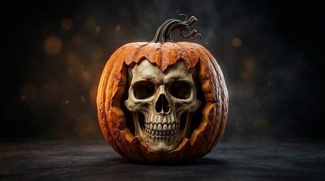 Spooky Halloween pumpkin with carved skull inside. Creepy jack-o-lantern with human skull, dark gothic holiday decoration.