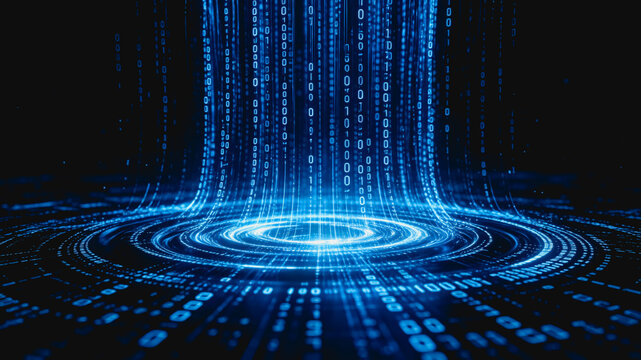 Futuristic digital binary streams flow from a glowing circular tech interface, representing data transfer and cyber technology.