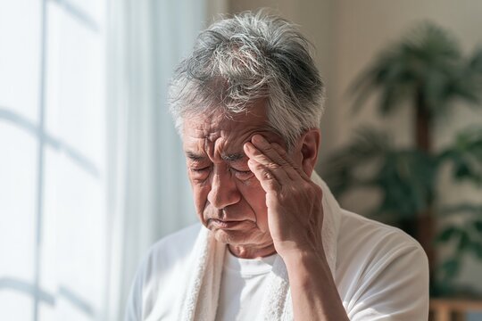 目の疲れや頭痛を訴え目を抑える高齢男性の健康不安と疲労感