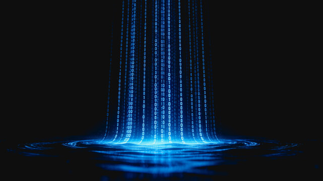 Glowing binary data streams fall onto a liquid surface, creating ripples in a dark, high-tech digital scene.
