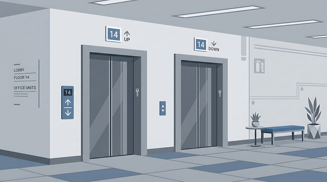 Two Modern Elevator Doors in an Office Building Lobby with Up and Down Indicators