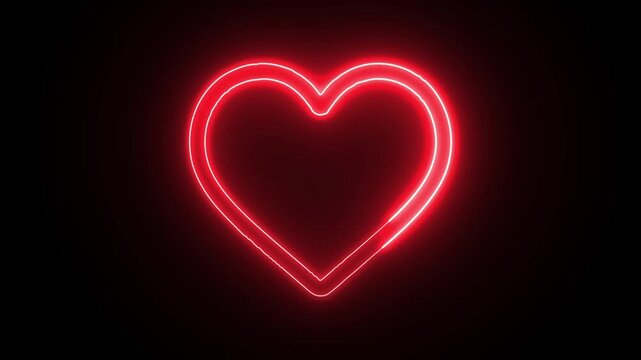 Neon heart shape outline drawing with red glowing lines on black background motion graphic animation clip footage.