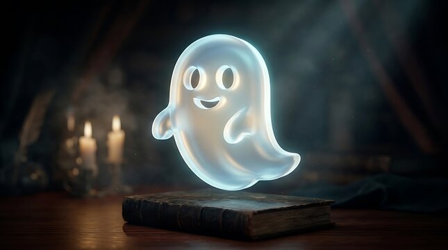 Glowing cute ghost character floating over old book. Spooky Halloween spirit in dark room. Ethereal phantom with friendly smile.