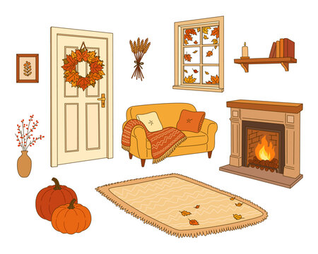 Cozy Autumn Home Decor Hand Drawn Element Set with Fireplace, Pumpkins, Fall Leaves, Sofa and Rug