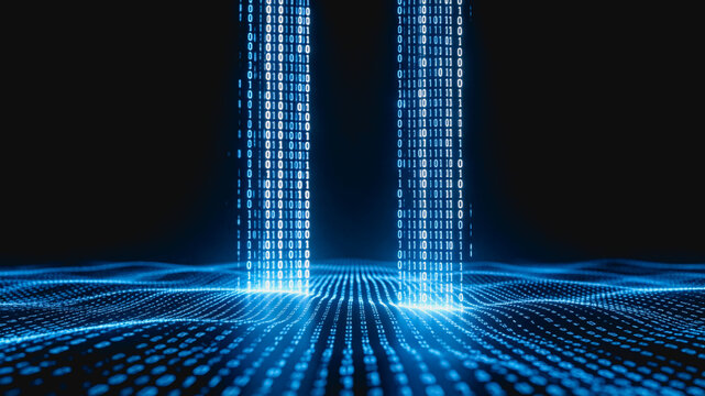 3D conceptual visualization of binary data streams rising from a glowing digital waveform network, representing data transmission and digital technology.