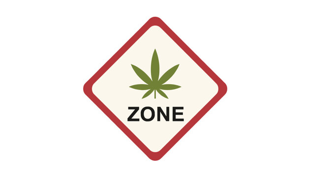 Red diamond warning sign displays a green cannabis leaf and the word zone to designate a specific area.