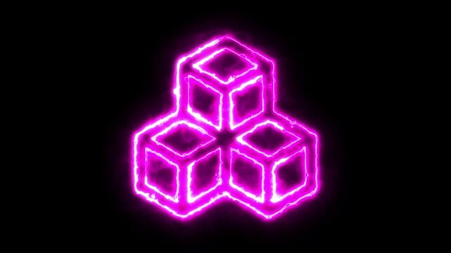 Neon glowing triple cube symbol animation pulsating purple light edges isolated on black background for digital motion design.