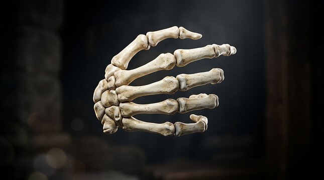 Skeletal hand bones floating in dark atmosphere, human skeleton hand anatomy, spooky halloween bone structure on black background