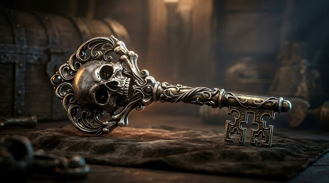 Antique skull skeleton key on velvet cushion, ornate bronze pirate key in dark room, gothic treasure chest accessory