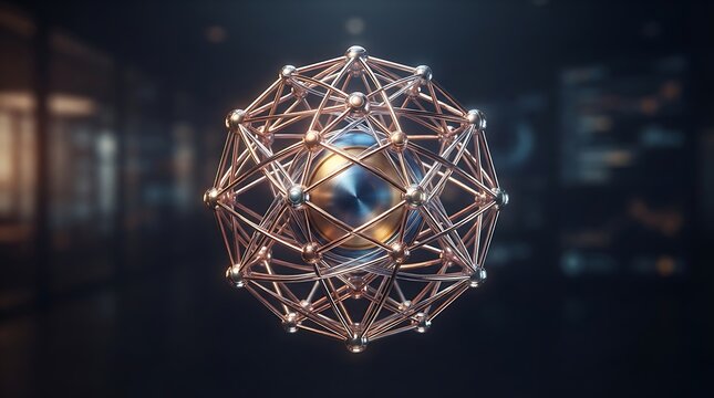 Futuristic geometric sphere with copper wireframe, metallic core technology concept, abstract 3D molecular structure for science and innovation