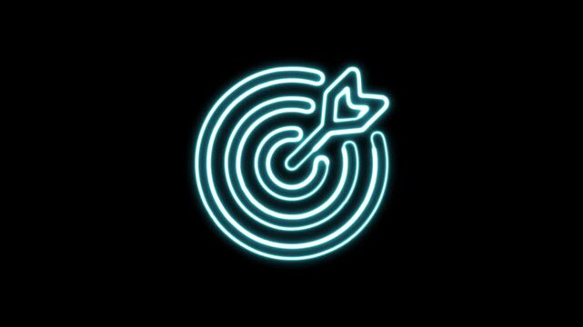 Neon target icon with arrow on black background features glowing blue lines animation for business goal achievement concept.