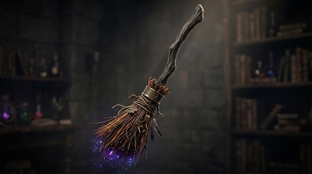 Magic broomstick floating in a wizard library, enchanted flying broom with glowing purple sparks, mystical fantasy prop in a dark study