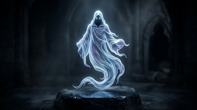 Ethereal glowing ghost in dark dungeon, spooky phantom spirit in hooded robe, haunting supernatural apparition in stone chamber