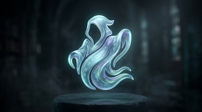 Ethereal glowing ghost icon on stone pedestal, mystical phantom spirit in dark gothic atmosphere, magical blue spectral entity