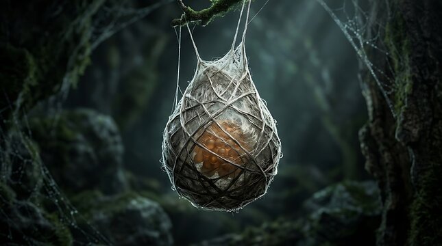 Mysterious spider egg sac hanging in dark forest, glowing insect cocoon in cobweb, fantasy nature macro photography