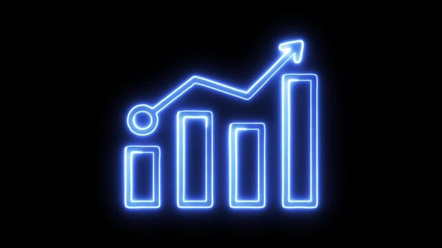 Growing business chart in blue neon glow on dark background, animated bar graph shows increasing profits and success.