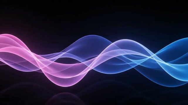 Pink and blue transparent neon ribbon waves with floor reflection animation