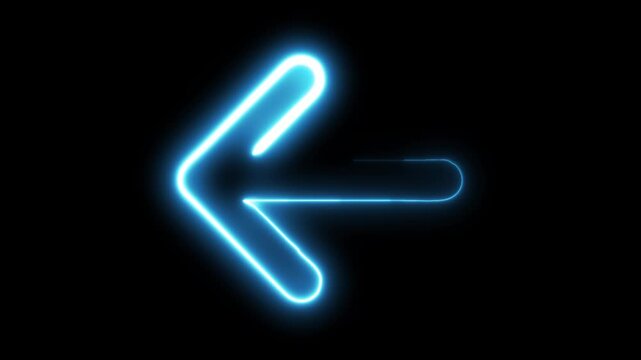 Neon blue arrow icon blinking loop against black background, vibrant light effect motion graphics overlay animation.