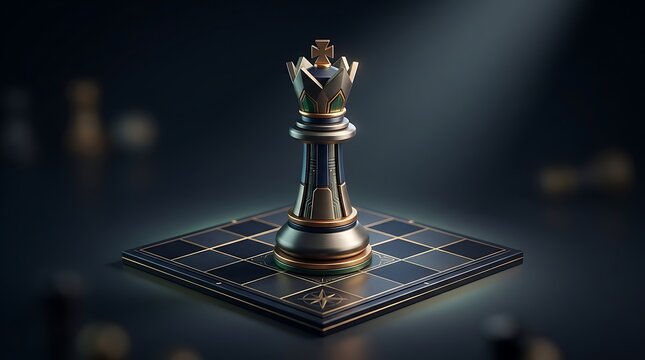 Metallic chess queen on board, elegant silver and gold chess piece, strategic leadership concept in dark cinematic studio lighting