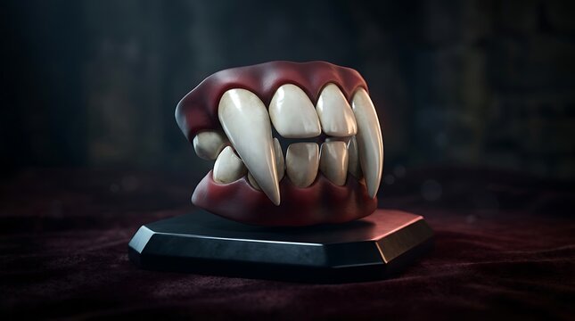 Vampire fangs on display stand, gothic monster teeth with sharp canines, spooky halloween prop for horror concept