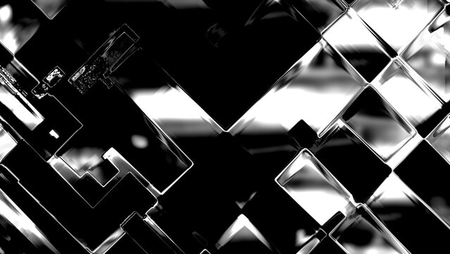 CPUのような白黒の幾何学的な四角とピクセルで構成されたグリッチノイズ素材