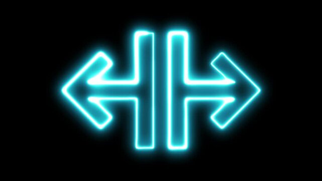 Neon light arrows splitting animation in dark black background concept with glowing aqua blue color in graphic resource.