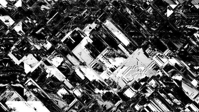 CPUのような白黒の幾何学的な四角とピクセルで構成されたグリッチノイズ素材