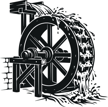 Black water mill wheel with flowing water