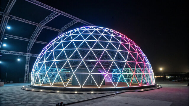 Neon Illuminated Geodesic Dome at Night