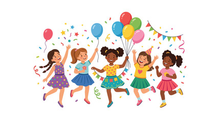 Fototapeta premium Diverse Happy Girls Celebrating with Colorful Balloons and Confetti