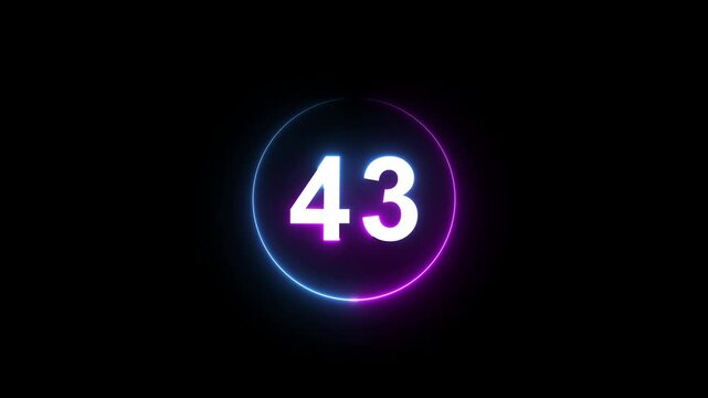 A dynamic circular animation, and glowing count neon number 43 animation . on a black background. and creating a stunning 4k video.