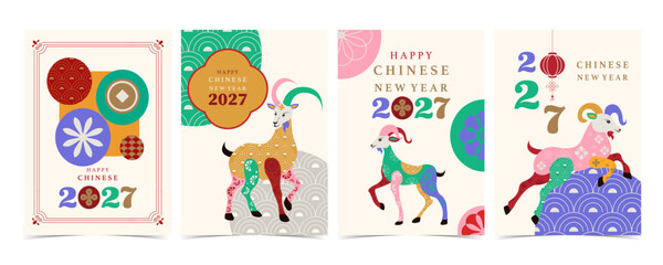 Fototapeta premium Chinese New Year Greeting Cards with Horse and Flowers