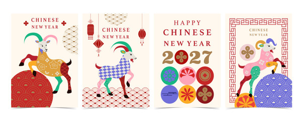 Fototapeta premium Colorful Chinese New Year Card Set with Horse and Badges