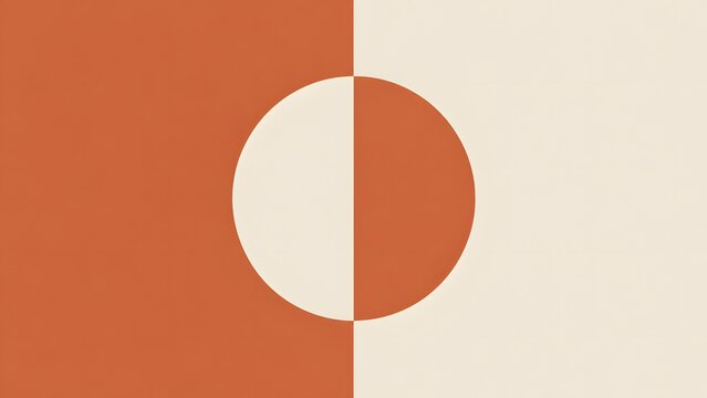 Minimal flat composition split vertically into solid terracotta and cream, featuring a centered geometric circle with inverted matching colors. Generative AI image.