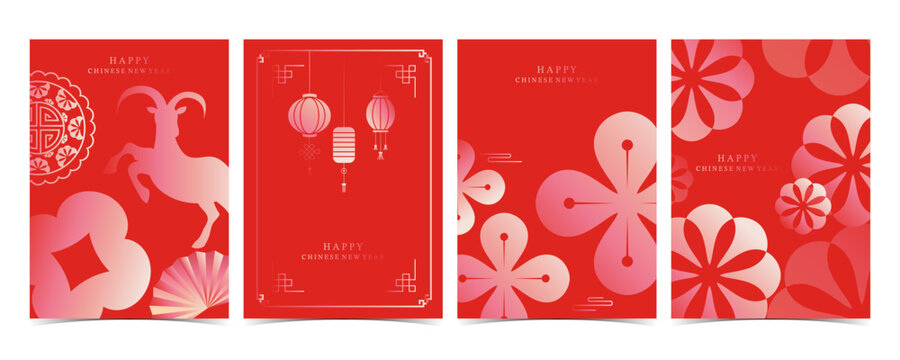 Red Chinese New Year Cards with Floral Pattern and Horse