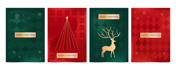 Naklejka premium Christmas Gold Card Set with Deer, Tree, and Pattern