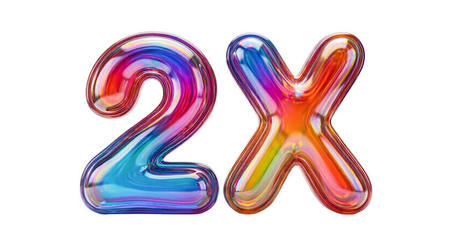 Hyper-Detailed Bubble Font "2X" with Glossy Plastic Texture: Vibrant Chromatic Gradient 3D Element for Creative Projects