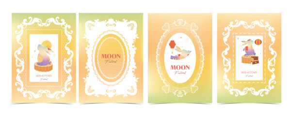 Obraz premium Green Mid Autumn Card Set with Rabbit and Floral Frames