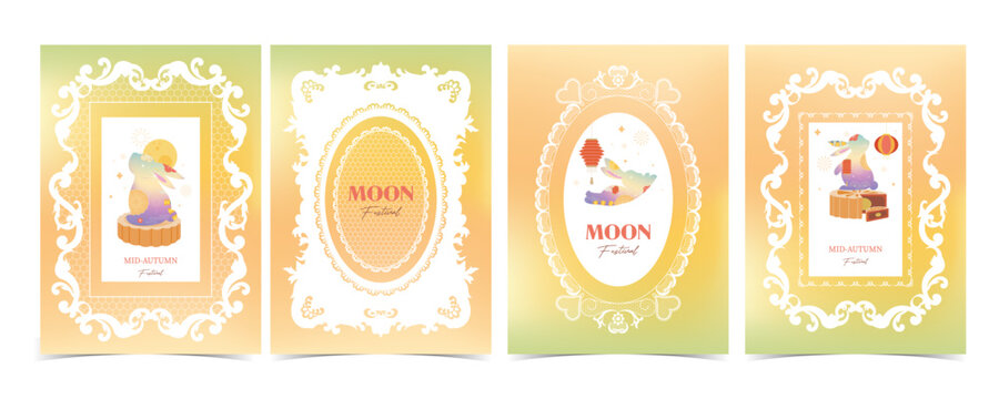 Green Mid Autumn Card Set with Rabbit and Floral Frames