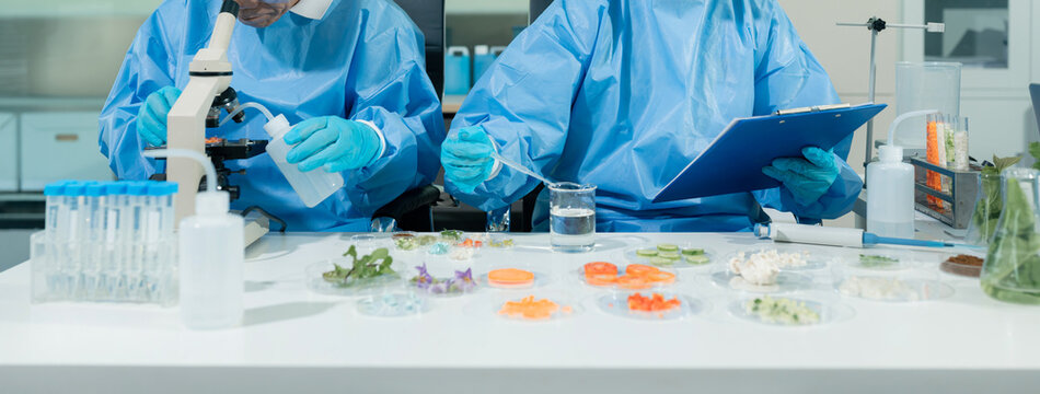 Team scientists research natural skincare products in a modern laboratory, testing formulas, analyzing ingredients, and driving cosmetic innovation and development.