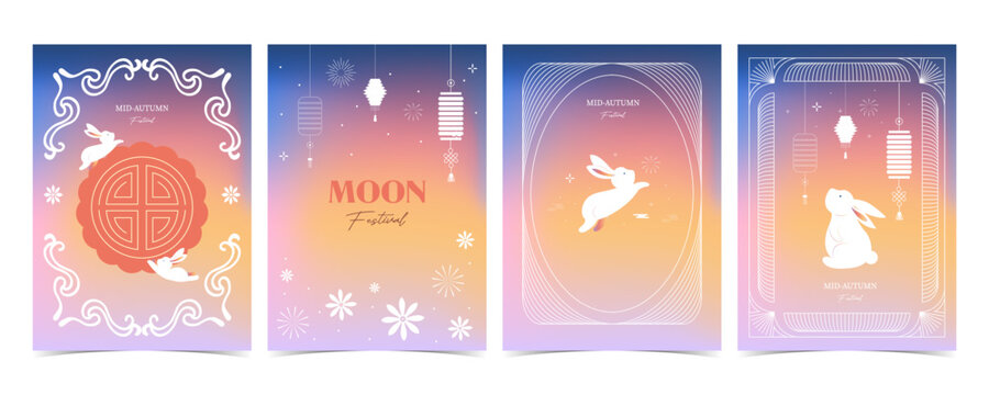 Mid Autumn Mooncake and Rabbit Cards with Oval Frames