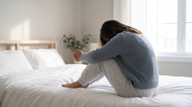 Sad woman sitting on bed with head down feeling depressed and lonely in bright bedroom, representing mental health issues, emotional stress, anxiety, sorrow and psychological